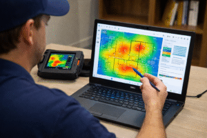 DistrictConnects technician performing a wireless site survey for secure business Wi-Fi in the DMV area