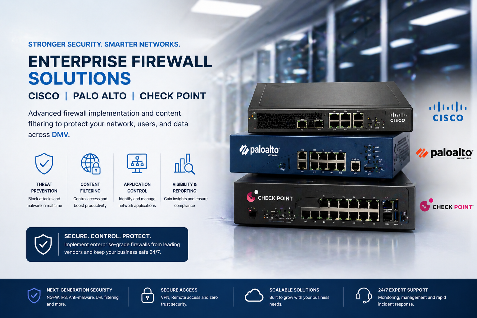 Enterprise firewall implementation for businesses in the DMV — Cisco, Palo Alto, and Check Point network security in Washington DC, Maryland, and Northern Virginia