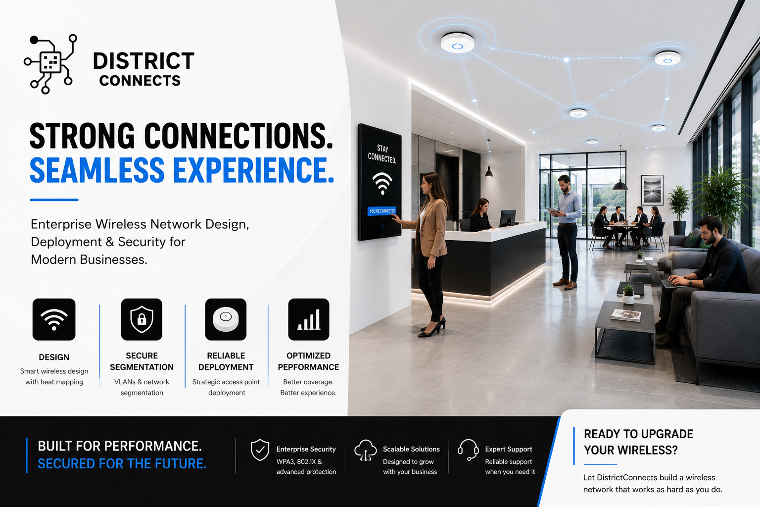 Enterprise wireless network deployment services including WiFi heat mapping, VLAN segmentation, and access point installation in Northern Virginia DC Maryland
